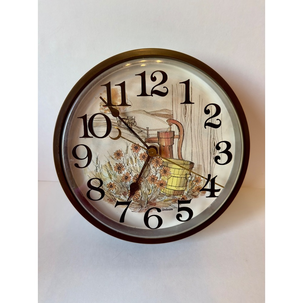 Vintage Sunbeam Wall Clock Country Water Pump Scene Brown Farmhouse Decor WORKS